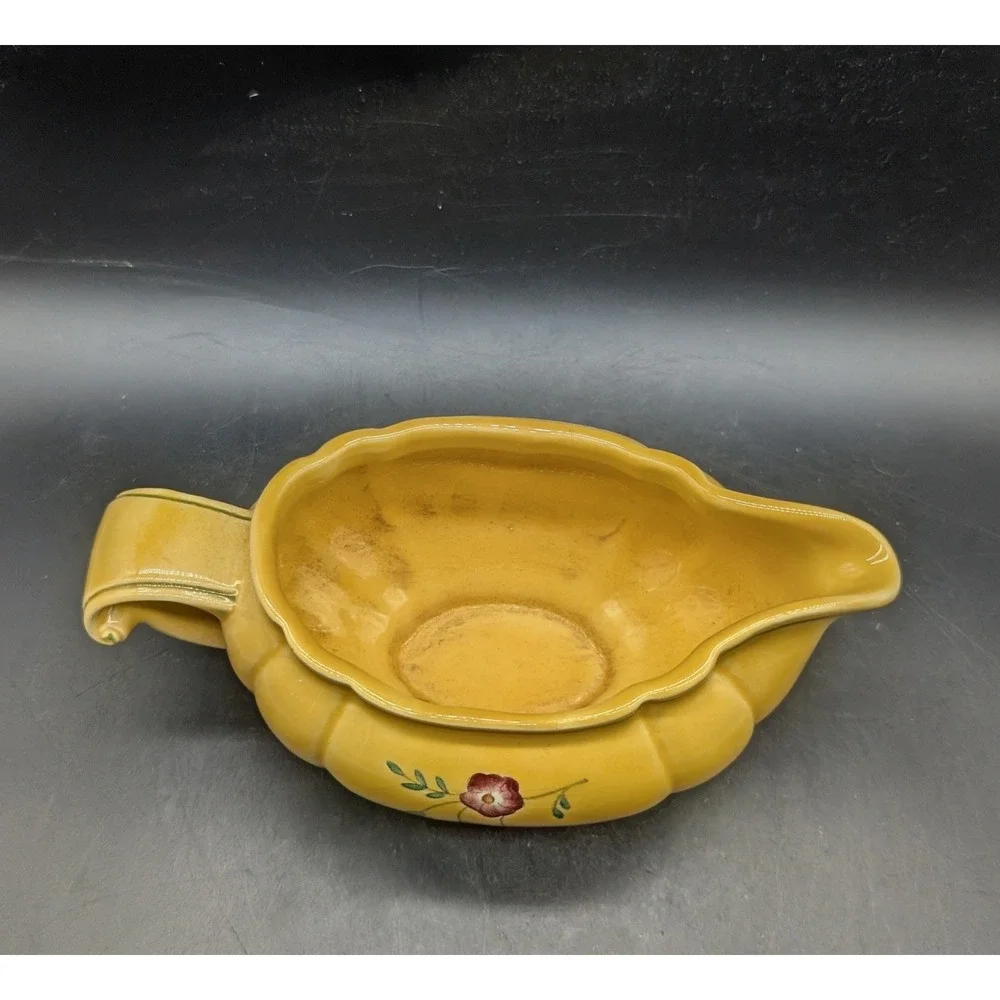 Vintage Longchamp Hand Painted France Yellow Floral Gravy Boat Pedestal 7